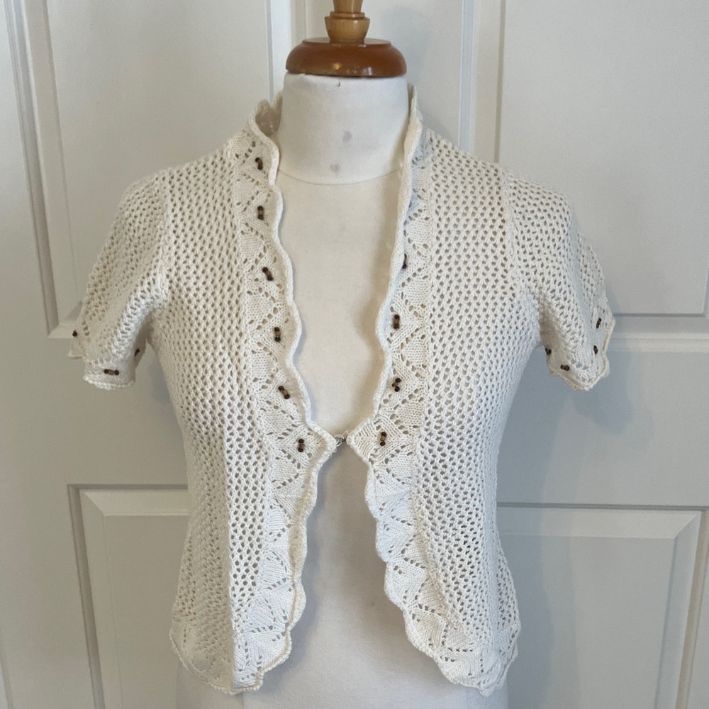 Sag Harbor White Crochet Open-Front Sweater